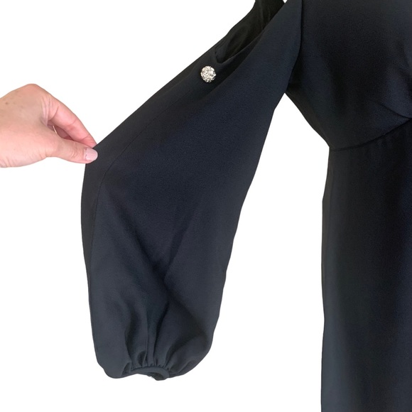 Vintage 60s Black Crepe Dress Cold Shoulder Bishop Sleeve Rhinestone Buttons - Picture 5 of 16